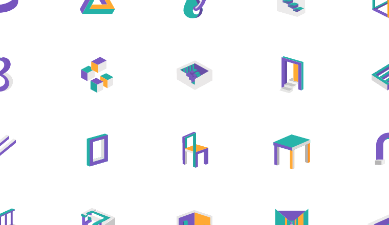 colorful impossible forms icons, including unique, impossible, illusion, geometry / loading.io animated icon set