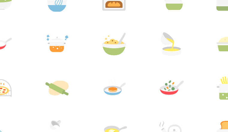 colorful cooking process icons, including making, cooking, baking, kitchen / loading.io animated icon set