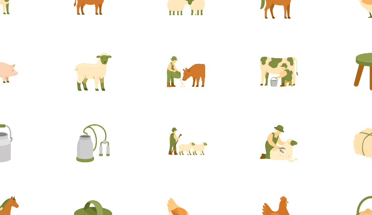 pastoral farm animal icons, including farmer, farm, livestock, cattle / loading.io animated icon set