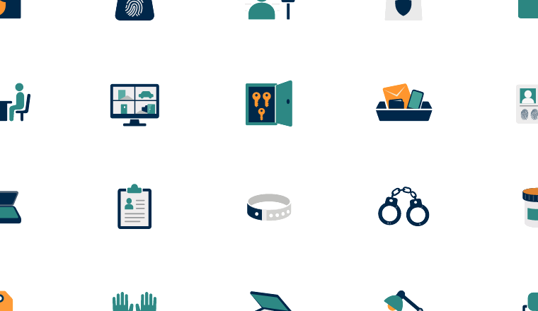police station casework icons, including police station, police, booking, fingerprints / loading.io animated icon set
