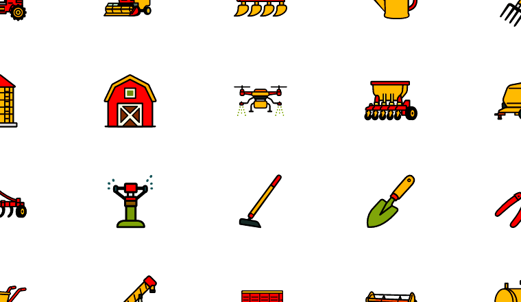 colorful farm equipment icons, including agriculture, farming, farm equipment, farm tools / loading.io animated icon set