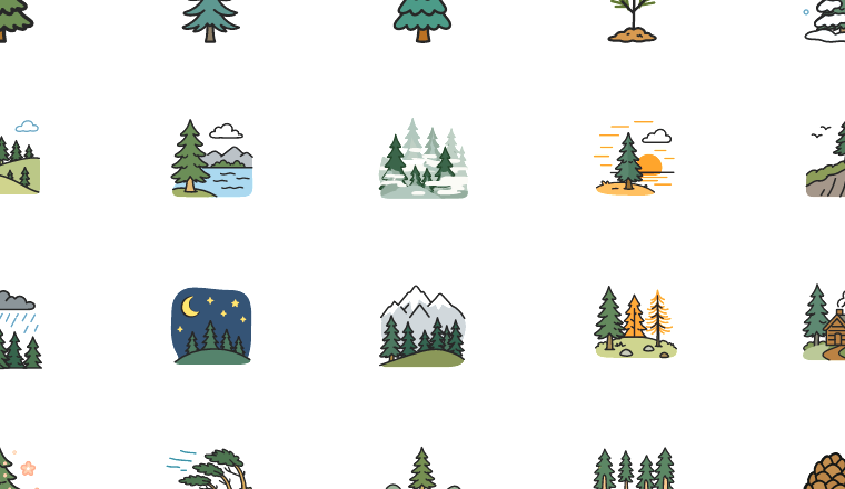 seasonal conifer icons, including conifer, pine tree, evergreen, forest / loading.io animated icon set