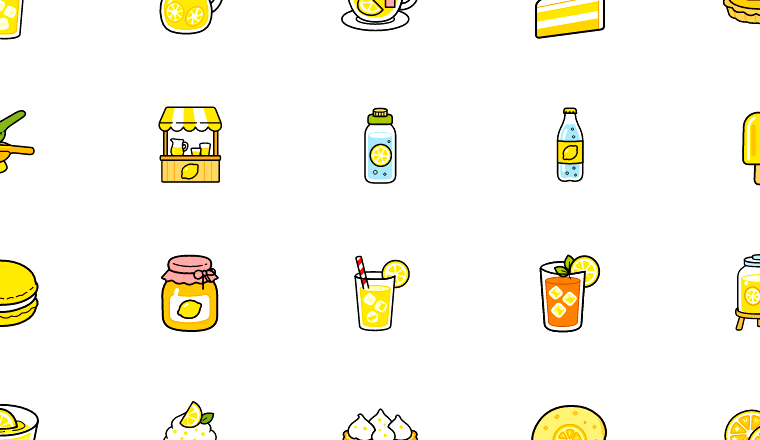 outlined lemon treats icons, including lemon, citrus, drinks, desserts / loading.io animated icon set