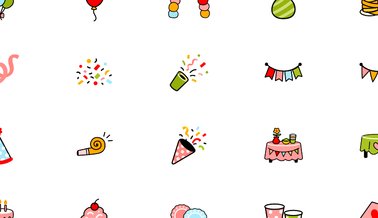 colorful party icons, including party, celebration, decorations, supplies / loading.io animated icon set