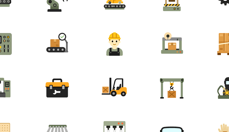 flat factory production icons, including factory, manufacturing, production, industry / loading.io animated icon set