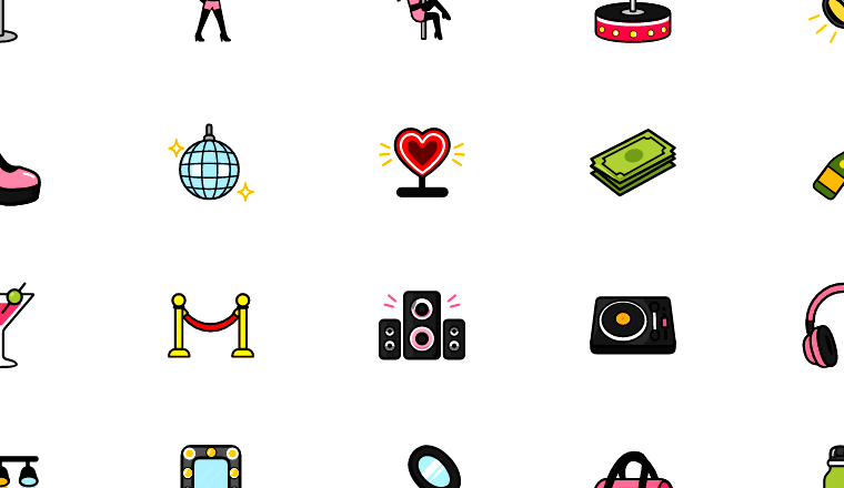 bold nightlife dance icons, including sex, sexy, pole dance, night club / loading.io animated icon set