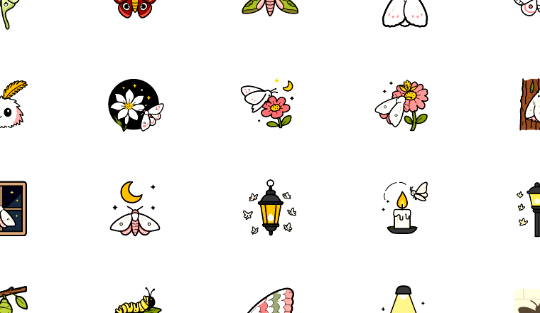 whimsical night moths icons, including moth, night, insect, moon / loading.io animated icon set