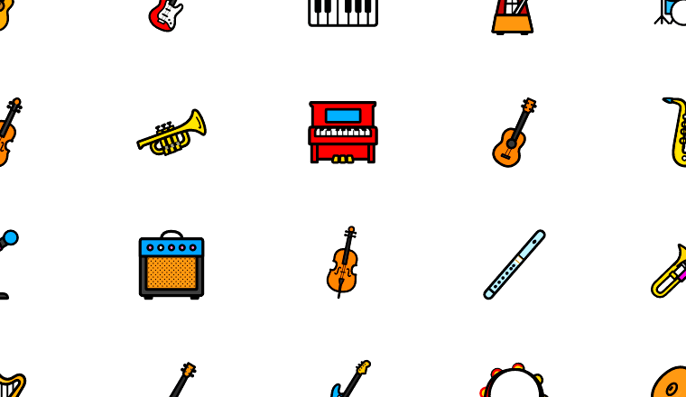 colorful music icons, including music, guitar, synth, metronome / loading.io animated icon set