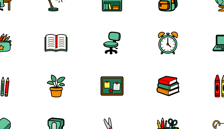 colorful kids study room icons, including study room, studyroom, desk, homework / loading.io animated icon set