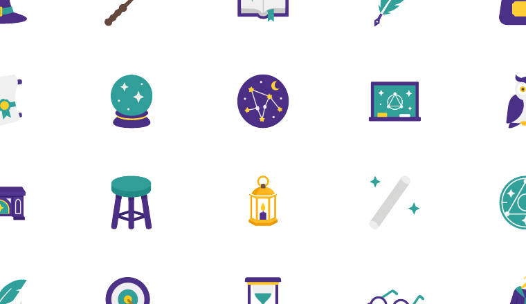 flat wizarding classroom icons, including wizard, potion, spell, magic / loading.io animated icon set