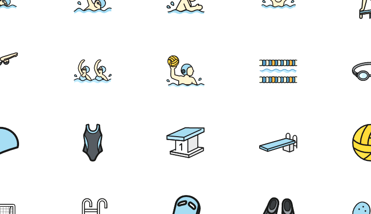 outlined aquatic sports icons, including sports, aquatics, swimming, diving / loading.io animated icon set