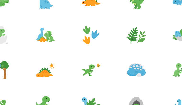 friendly flat dinosaurs icons, including dinosaur, fossil, cute, friendly / loading.io animated icon set
