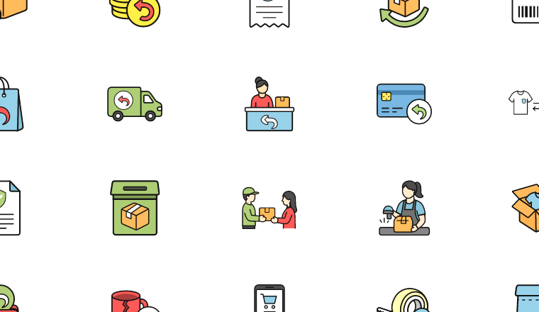 colorful return refund icons, including return, refund, exchange, parcel / loading.io animated icon set