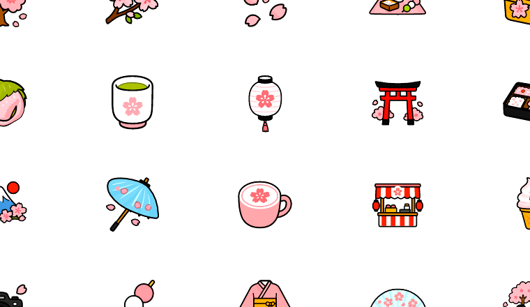 sakura spring doodle icons, including cherry blossom, sakura, hanami, spring / loading.io animated icon set