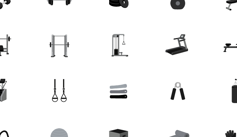 grayscale gym equipment icons, including gym, fitness, equipment, workout / loading.io animated icon set
