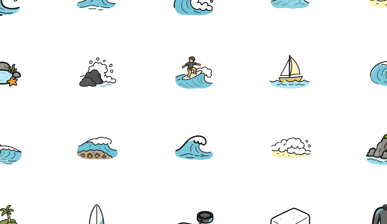 hand-drawn ocean surf icons, including waves, ocean, surf, beach / loading.io animated icon set