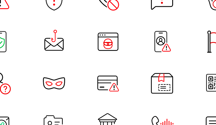 scam prevention outline icons, including scam, fraud, warning, security / loading.io animated icon set