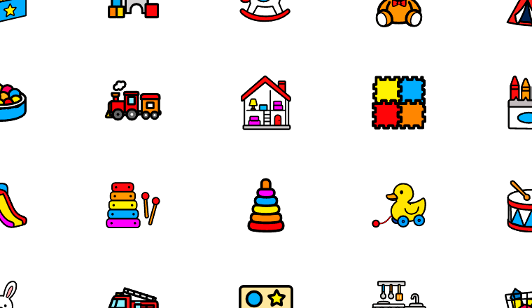 colorful playroom toy icons, including playroom, toys, kids room, nursery / loading.io animated icon set