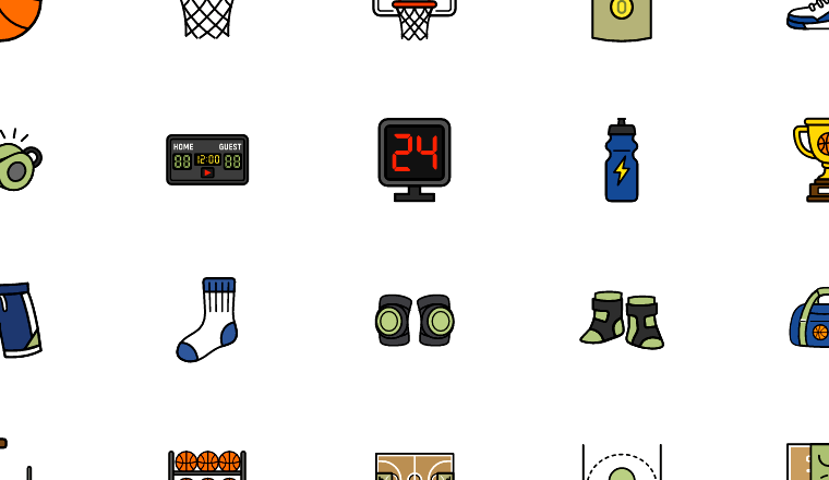 basketball equipment icons, including basketball, sports, court, equipment / loading.io animated icon set