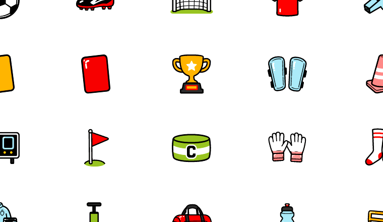 colorful soccer gear icons, including soccer, football, sports, equipment / loading.io animated icon set