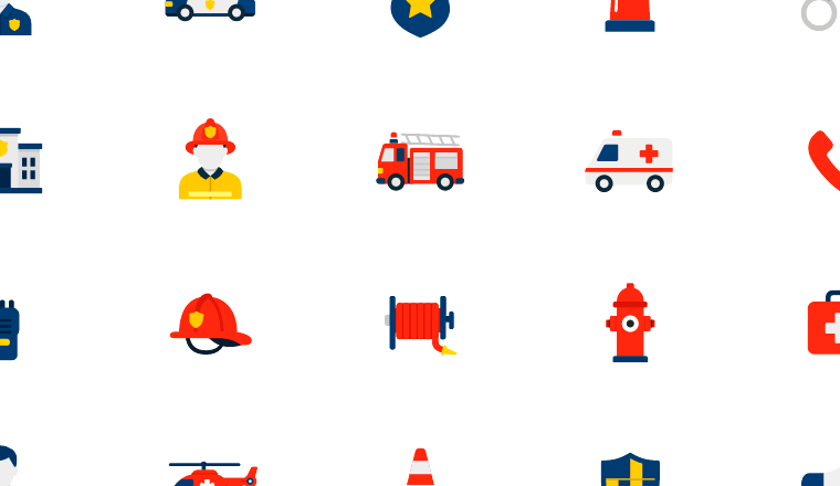 flat emergency services icons, including police, firefighter, ambulance, emergency / loading.io animated icon set