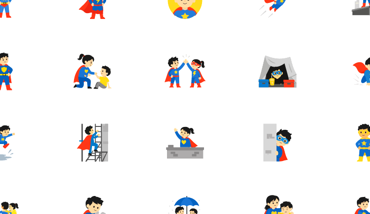 storybook child icons, including superhero, kids, children, storybook / loading.io animated icon set