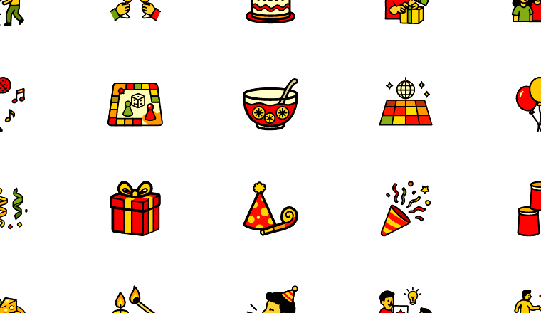 colorful party icons, including party, celebration, festive, birthday / loading.io animated icon set