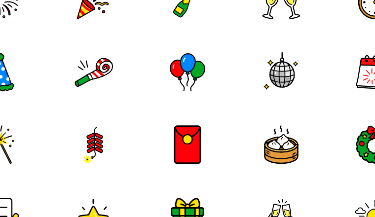 colorful new year party icons, including new year, celebration, party, fireworks / loading.io animated icon set