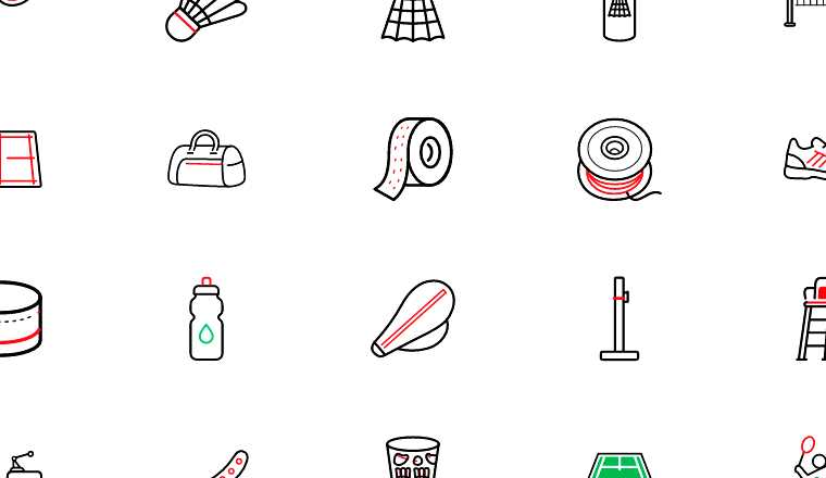 badminton equipment line icons, including badminton, sport, equipment, racket / loading.io animated icon set