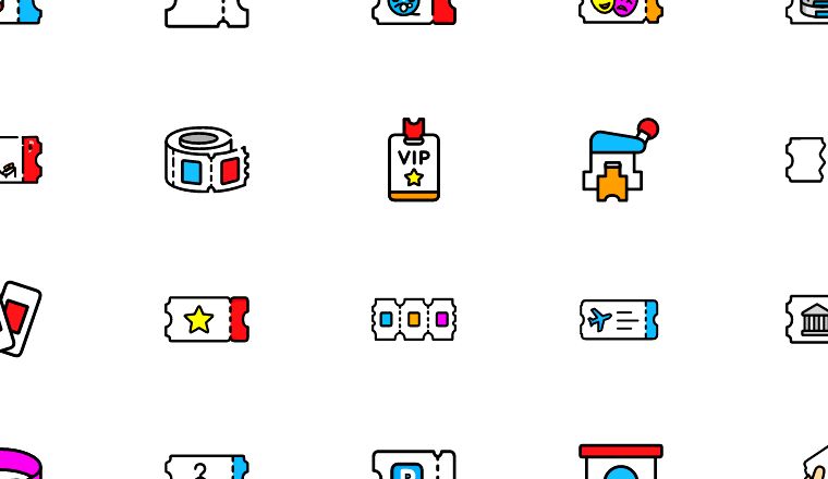 colorful event ticket icons, including ticket, admission, event, pass / loading.io animated icon set
