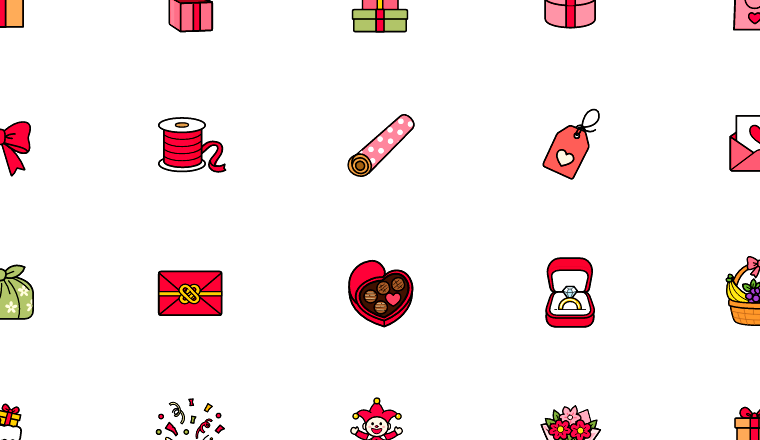 colorful gift giving icons, including gifts, presents, wrapping, packaging / loading.io animated icon set