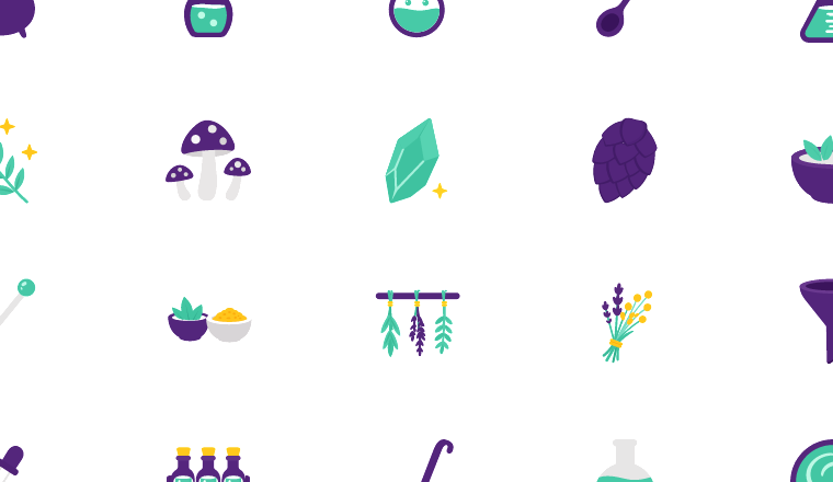 whimsical potion brewing icons, including wizard, potion, spell, alchemy / loading.io animated icon set