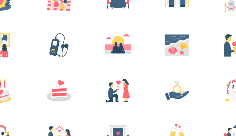 romantic date milestones icons, including lesbian, sapphic couple, romance, dates / loading.io animated icon set