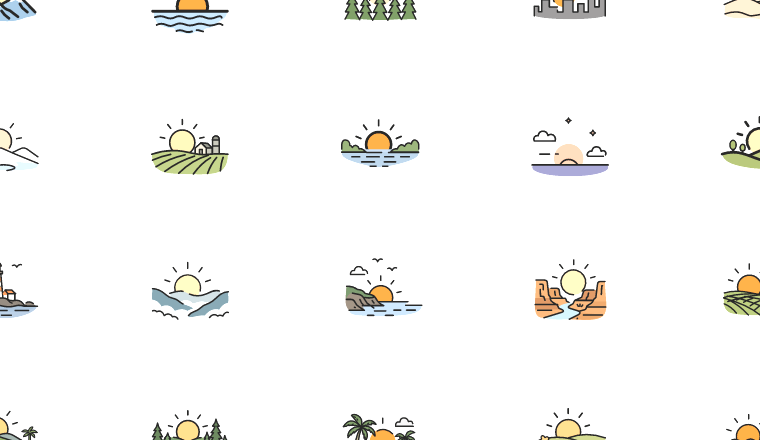 sunrise sunset landscape icons, including sun, sunrise, sunset, landscape / loading.io animated icon set