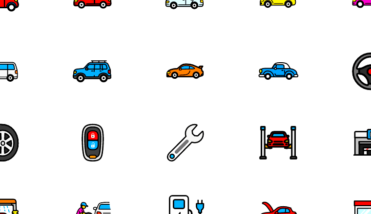 colorful cartoon car icons, including cars, automotive, vehicles, cartoon / loading.io animated icon set