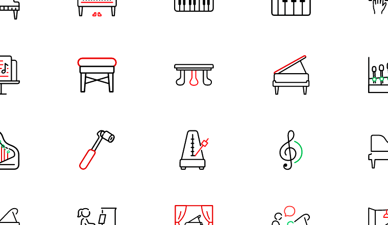 piano music line icons icons, including piano, keyboard, music, instrument / loading.io animated icon set