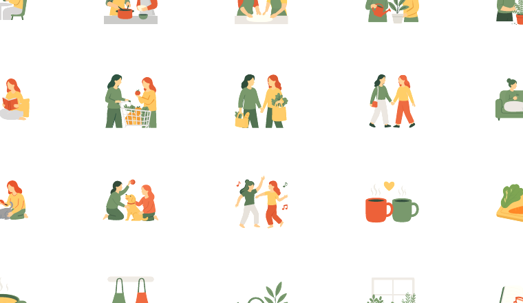 warm everyday couple icons, including lesbian, sapphic couple, women, love / loading.io animated icon set