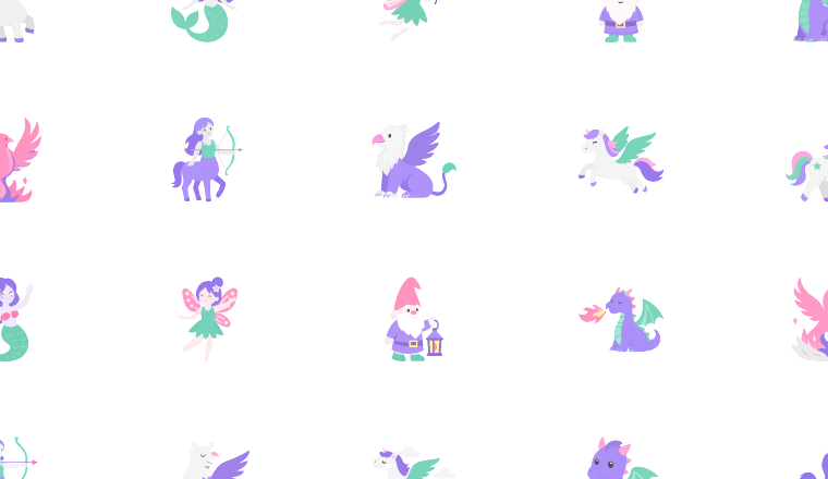 pastel storybook icons, including unicorn, mermaid, fairy, storybook / loading.io animated icon set