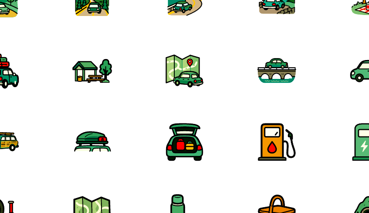 colorful road trip icons icons, including cars, road trip, driving, travel / loading.io animated icon set