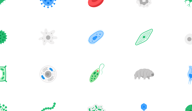 flat microscopic life icons, including microscope, microbiology, cells, organisms / loading.io animated icon set