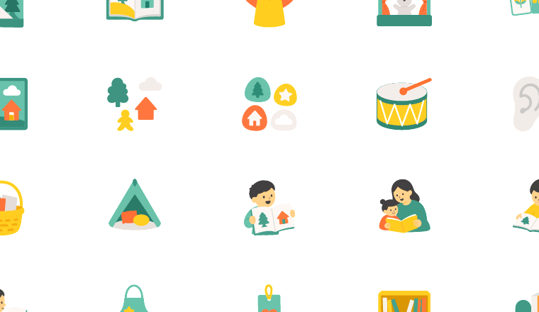 playful storytime icons, including preschool, kindergarten, alphabet, storytime / loading.io animated icon set
