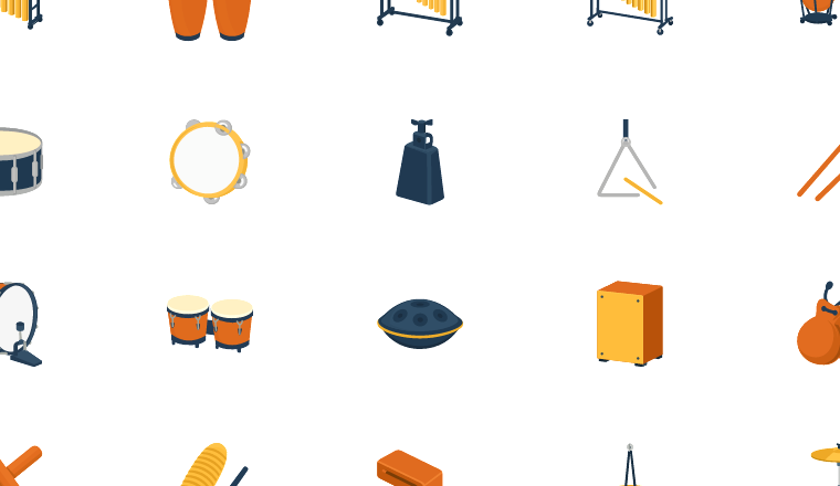 shaded percussion icons, including woodwind, marimba, conga, percussion / loading.io animated icon set