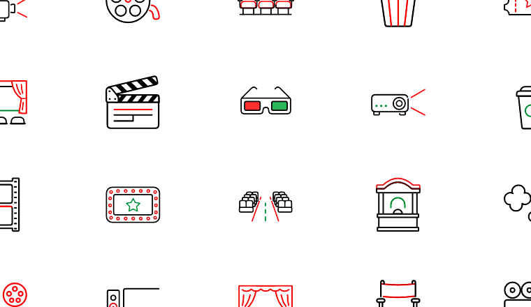 outlined movie theater icons, including movie projector, cinema, movie, film / loading.io animated icon set