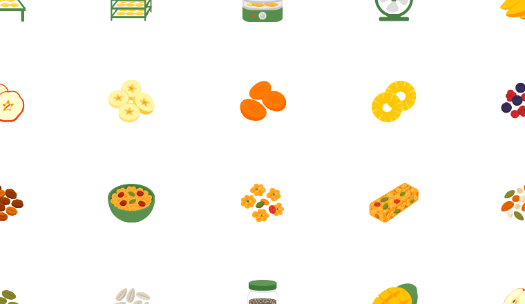 flat dried fruit snack icons, including fruit, drying, dehydrator, snacks / loading.io animated icon set