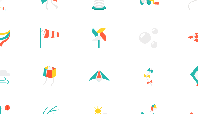 colorful kite flying icons, including playground, sandbox, kite, outdoor play / loading.io animated icon set