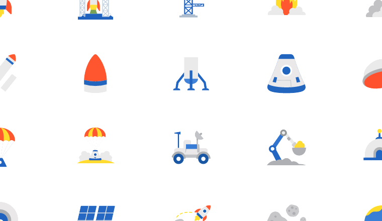 storybook space mission icons, including astronaut, alien, rocket, space / loading.io animated icon set