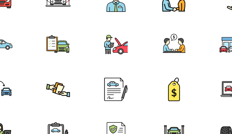 colorful car dealership icons, including cars, dealership, automotive, vehicle sales / loading.io animated icon set