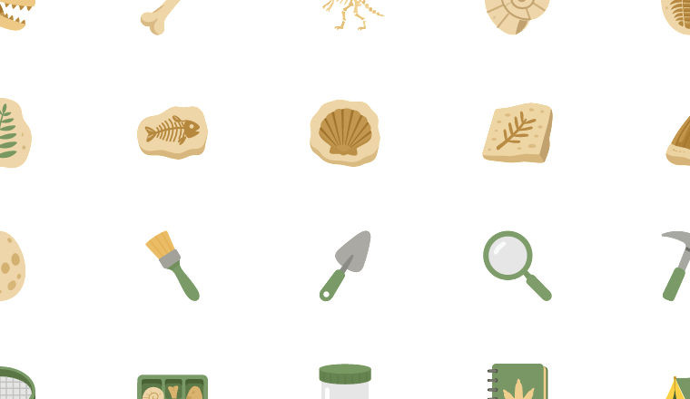 playful paleontology icons, including dinosaur, fossil, paleontology, excavation / loading.io animated icon set