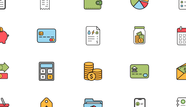 colorful personal icons, including expense, personal finance, budget, money / loading.io animated icon set