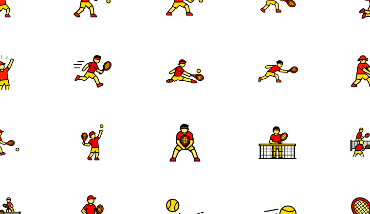 colorful tennis action icons, including tennis, sports, racket, player / loading.io animated icon set